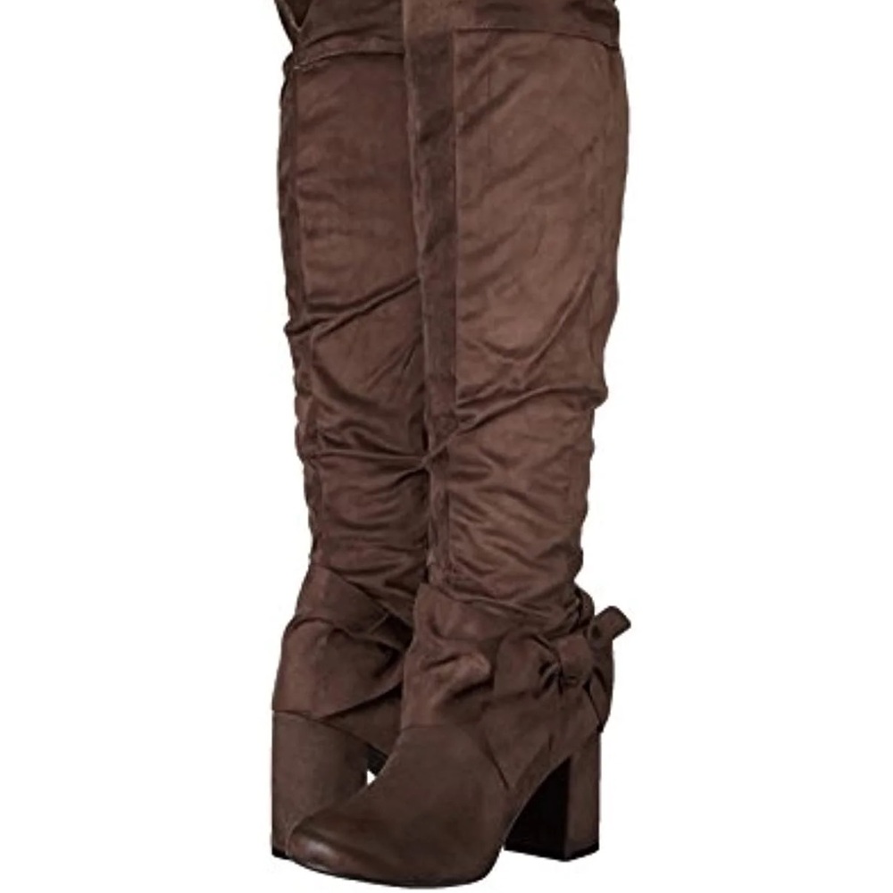 Diba Brown Suede Block Heel Boots with Ankle Bow